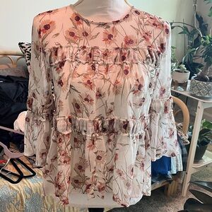 Lucky Brand Cream Sheer Floral Ruffle Blouse